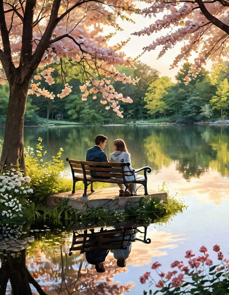 A beautifully romantic scene featuring a couple sitting on a park bench, engaged in deep conversation, surrounded by blooming flowers symbolizing emotional intimacy. Soft golden light filters through the trees, creating a warm and inviting atmosphere. Subtly include heart-shaped elements in the background, like clouds or leaves. A serene lake reflects their joy and connection. dreamy illustration. pastel colors. soft focus.