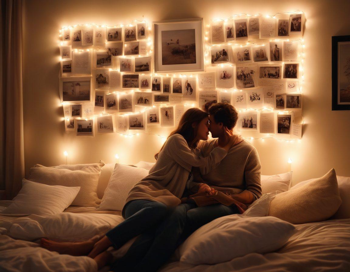 A couple sitting together in a cozy, warmly lit room, surrounded by soft pillows, engaging in deep conversation, their expressions full of emotion and connection. In the background, a wall adorned with framed love letters and photographs symbolizes their journey together. Flickering candles add a romantic ambiance, while gentle floral arrangements enhance the scene. super-realistic. warm tones. soft focus.