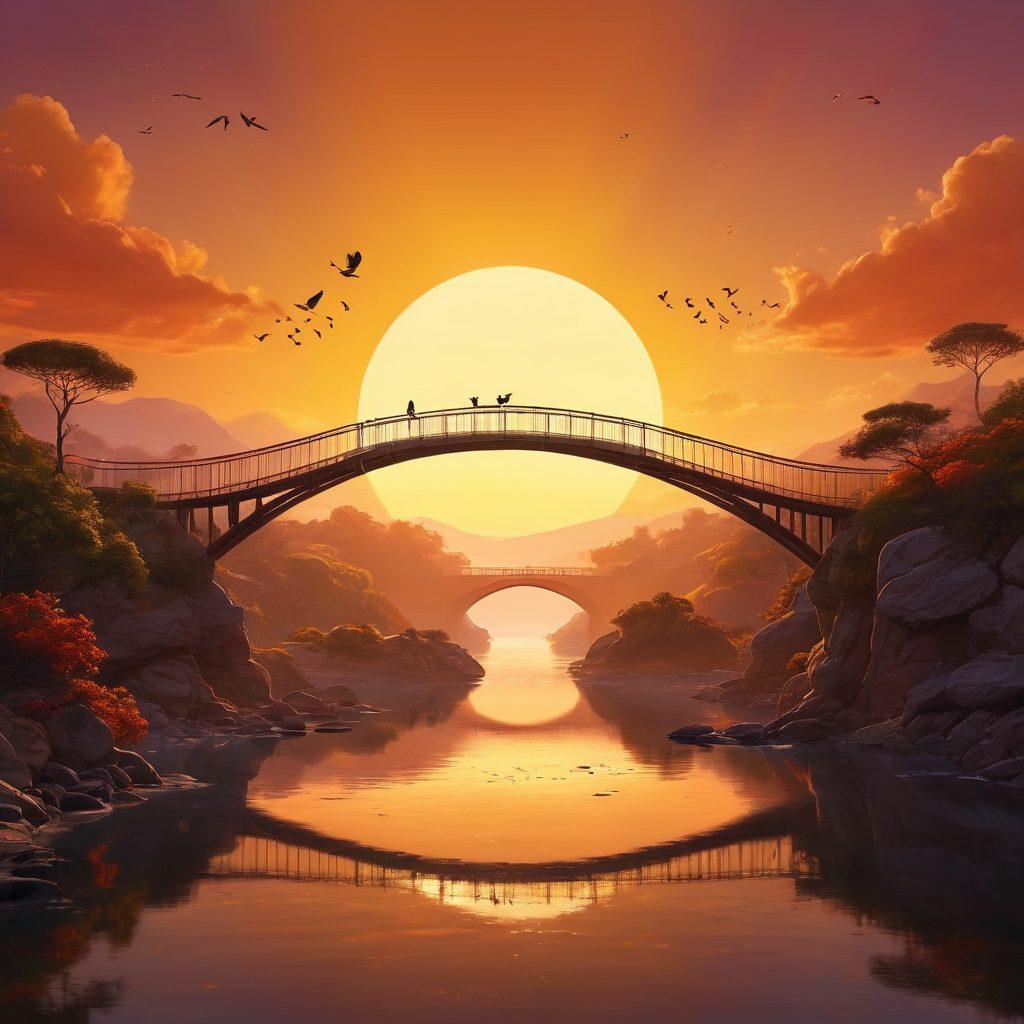 A serene landscape featuring two distinct land masses connected by a beautifully crafted bridge, symbolizing communication. On one side, a diverse group of people sharing ideas and laughter, while on the other, individuals engaged in deep conversation. Above them, colorful birds representing freedom and connection soar in the sky. The sun sets in a warm palette, casting a golden glow over the scene. vibrant colors. super-realistic.